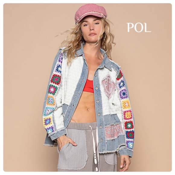 POL Floral Patch Denim Button Up Quilted Jacket